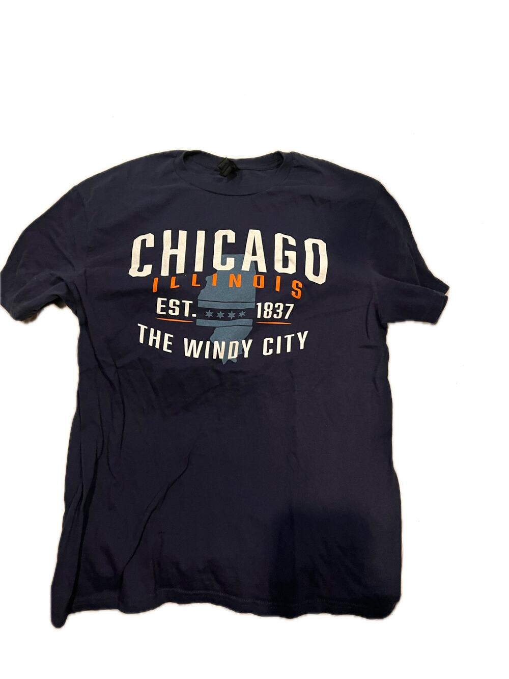 Chicago The Windy CityNavy Orange Gildan T-Shirt Mens Medium